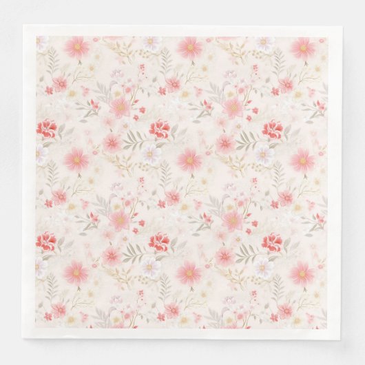 Serviette En Papier Motif Fleurs Rose Pâle Rouge Blanc (Devant)