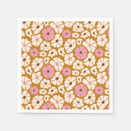 Serviette En Papier Motif floral blanc et rose sur caramel brun (Devant)