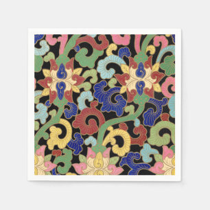 Serviette En Papier Motif floral chinois coloré sur fond noir