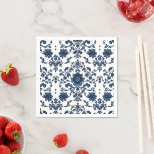 Serviette En Papier Motif floral damassé élégant victorien bleu marine