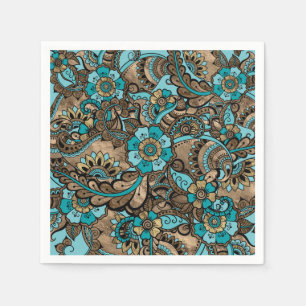 Serviette En Papier Motif Floral Paisley - turquoise et doré