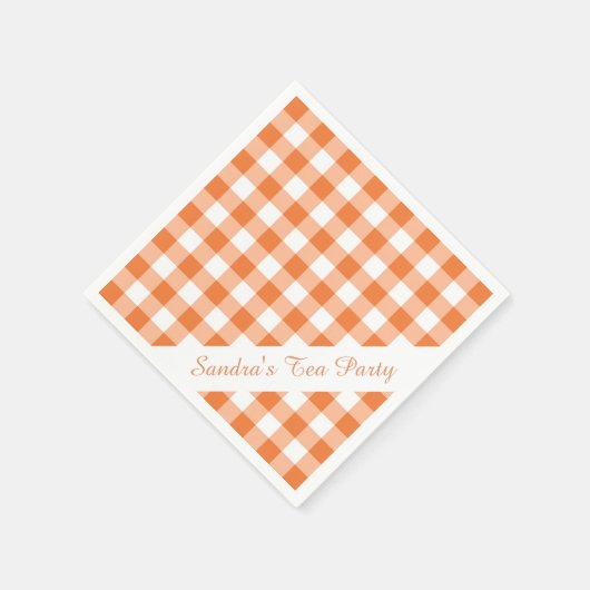 Serviette En Papier Motif Gingham Orange et Blanc Fête Personnalisée (Coin)