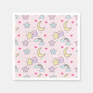 Serviette En Papier Motif Lune, Étoiles et Nuages sur Fond Rose