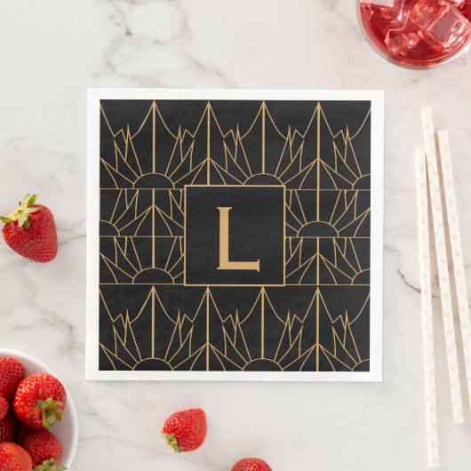 Serviette En Papier Motif Monogram Gold et Black Art Déco (En situation)