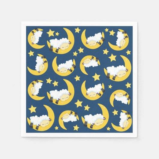 Serviette En Papier Motif mouton, Mouton couché, Lune, Étoiles (Devant)