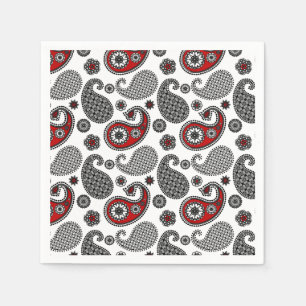 Serviette En Papier Motif Paisley, noir, blanc et rouge