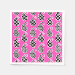 Serviette En Papier Motif Paisley, rose fushia, noir et blanc
