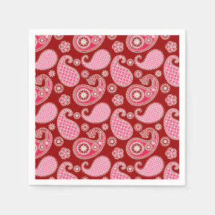 Serviette En Papier Motif Paisley, rouge foncé, rose et blanc