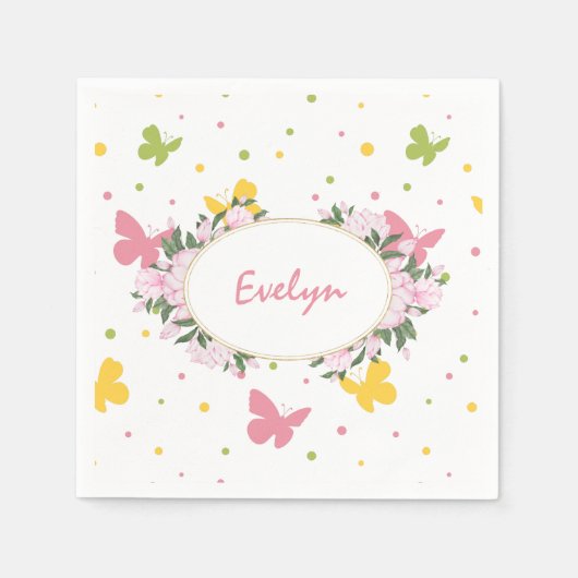 Serviette En Papier Motif Pastel Butterfly avec Fleurs et Nom (Devant)