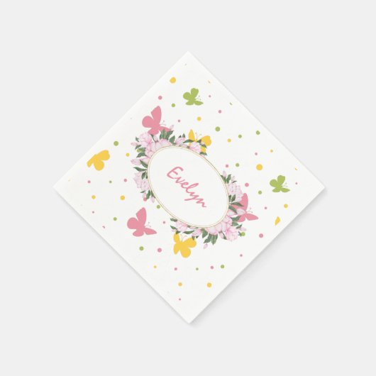 Serviette En Papier Motif Pastel Butterfly avec Fleurs et Nom (Coin)