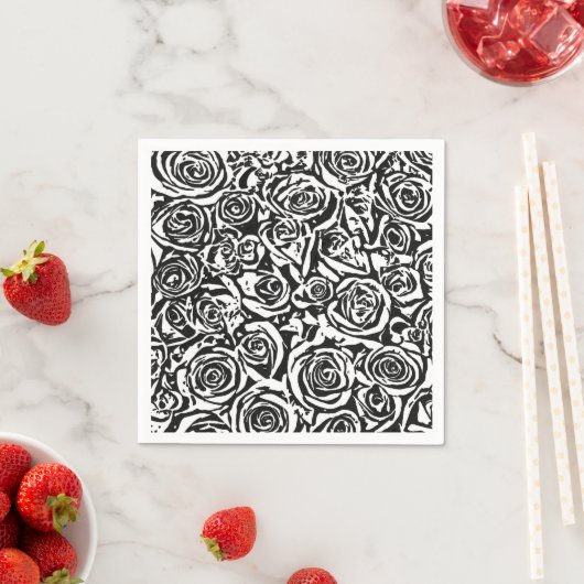 Serviette En Papier Motif Rose Abstrait moderne, noir et blanc (En situation)