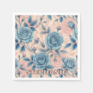 Serviette En Papier Motif Rose bleu rétro sur Arrière - plan rose doux
