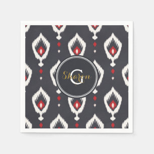 Serviette En Papier Motif tribal ikat noir et rouge chic avec monogram