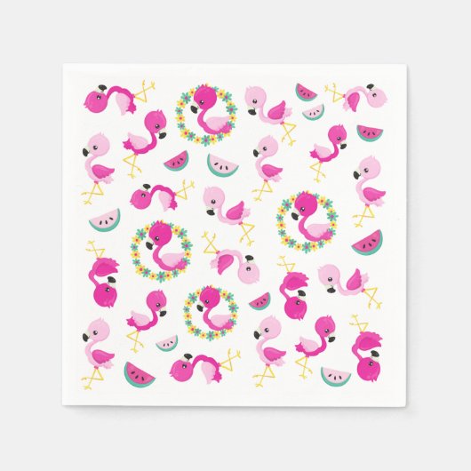 Serviette En Papier Motif tropical, Flamants roses, pastèques, Fleurs (Devant)
