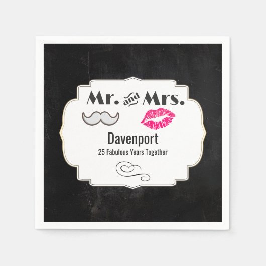 Serviette En Papier Moustache & Lèvres M. & Mme - Anniversaire (Devant)