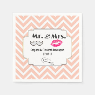 Serviette En Papier Moustache & Lèvres M. & Mme Peach Chevron Mariage