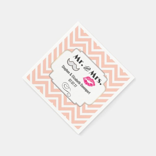 Serviette En Papier Moustache & Lèvres M. & Mme Peach Chevron Mariage (Coin)