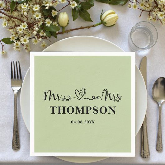 Serviette En Papier Mr and Mrs Elegant Simple | Sage Green