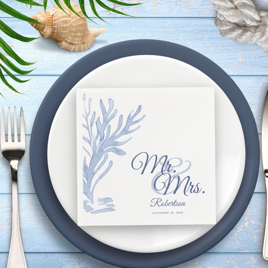 Serviette En Papier Mr & Mrs White et Blue Elegant Mariage nautique