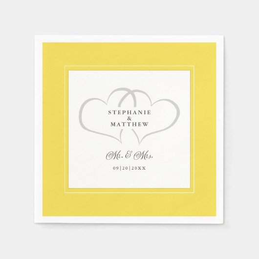 Serviette En Papier Mr & Mrs Yellow Grey Élégant Mariage Coeurs Chic (Devant)
