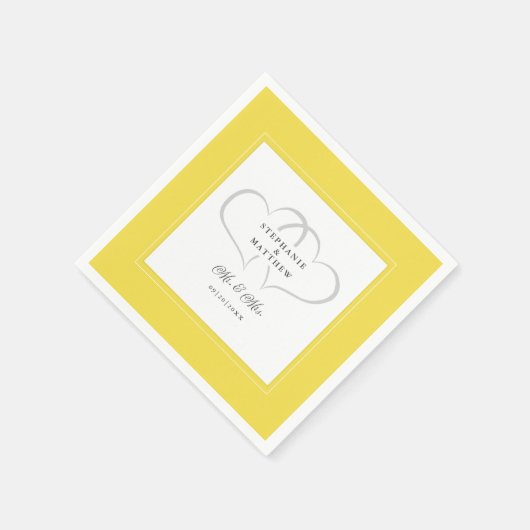 Serviette En Papier Mr & Mrs Yellow Grey Élégant Mariage Coeurs Chic (Coin)