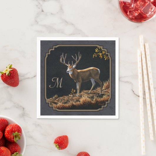 Serviette En Papier Mule Deer Buck Charcoal Gray Monogram (En situation)