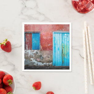 Serviette En Papier Mur, porte et fenêtre rouge, bleu et gris