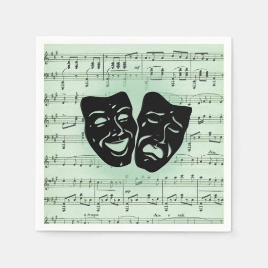 Serviette En Papier Musique verte et masques grecs de théâtre (Devant)