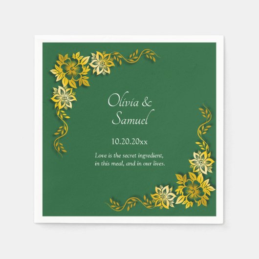 Serviette En Papier Names Date Message Emerald Green & Gold Cocktail (Devant)