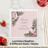 Serviette En Papier Names Date Message Pink Roses & Doves Luncheon