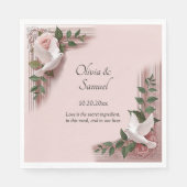 Serviette En Papier Names Date Message Pink Roses & Doves Luncheon (Devant)