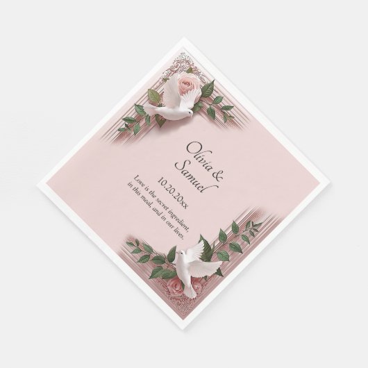 Serviette En Papier Names Date Message Pink Roses & Doves Luncheon (Coin)