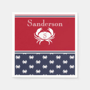 Serviette En Papier Nap nautique monogramme de crabe bleu marine