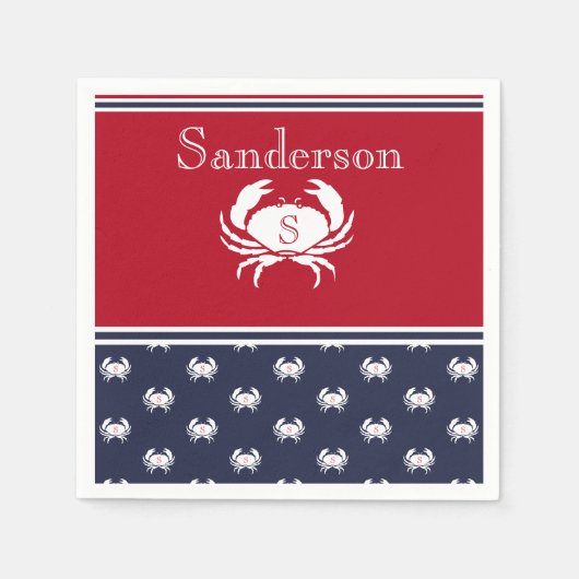 Serviette En Papier Nap nautique monogramme de crabe bleu marine (Devant)