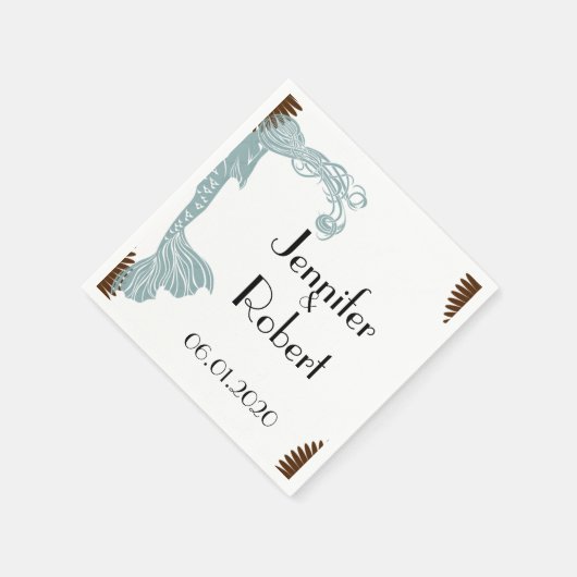 Serviette En Papier Napkin Mariage Art Déco Brown et Turquoise (Coin)