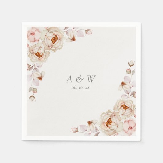 Serviette En Papier Napkin mariage avec pivoines et Roses (Devant)
