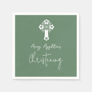Serviette En Papier Napkins Floral Cross Christening Fern Green