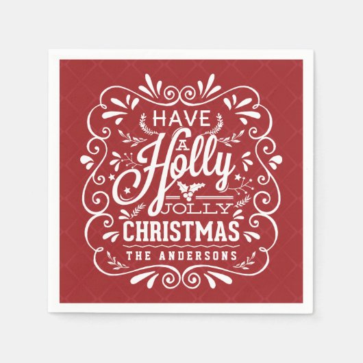 Serviette En Papier Napkins Holly Jolly Christmas Chalk Art Red Paper (Devant)