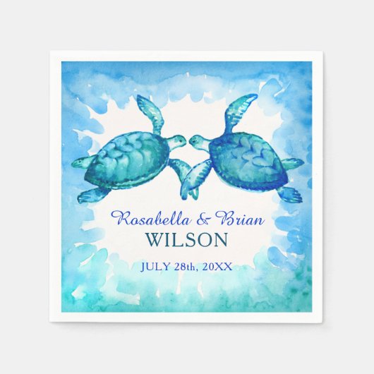 Serviette En Papier Napkins Mariage de tortue de mer | Aquarelle bleue (Devant)