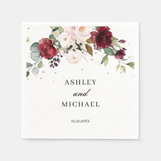 Serviette En Papier Naples BLush Bourgogne et rose Floral Boho (Devant)