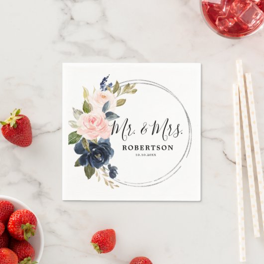 Serviette En Papier Naples Mariage bleu bleu Dusty rose (En situation)