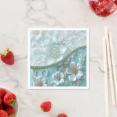 Serviette En Papier Naples turquoises de fleurs blanches (En situation)