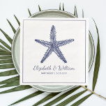 Serviette En Papier Nautical Beach Wedding Rustic Navy Blue Starfish<br><div class="desc">La serviette de table parfaite pour compléter votre mariage à thème nautique. Design présente une illustration vintage de poisson étoilé en bleu marine avec deux lignes de texte personnalisé ci-dessous - Ajouter le nom de la mariée et du marié, l'emplacement et la date du mariage. Simple, classique et élégant. Idéal...</div>