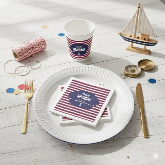 Serviette En Papier Nautical Captain Hat Birthday Navy & Red Stripes K