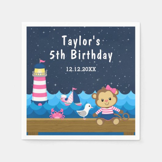 Serviette En Papier Nautical Girl Monkey rose et la marine fête d'anni (Devant)