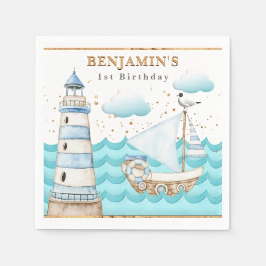 Serviette En Papier Nautical Lighthouse Voilier Anniversaire Napkins (Devant)