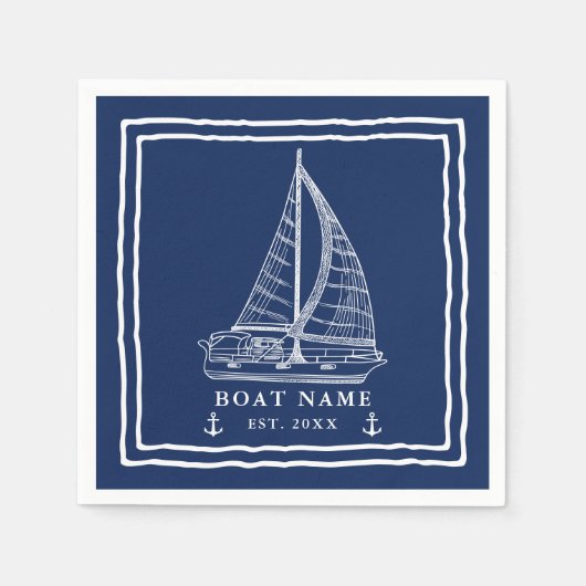 Serviette En Papier Nautical Navy Bleu Blanc Voilier Ancre Nom du bate (Devant)