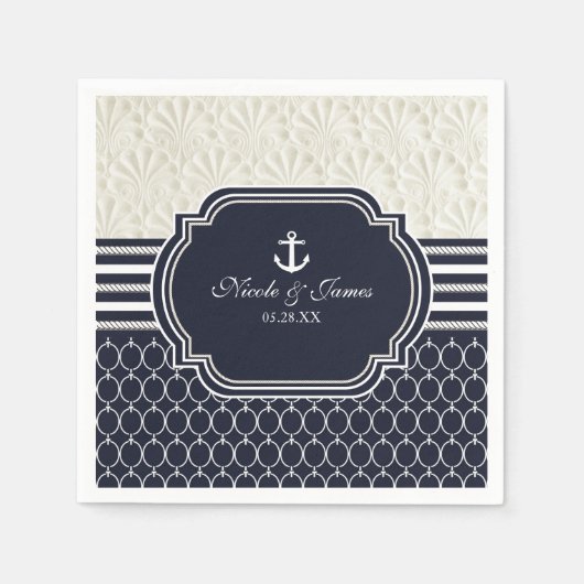 Serviette En Papier Nautique Marine & White Elegant Beach Mariage (Devant)