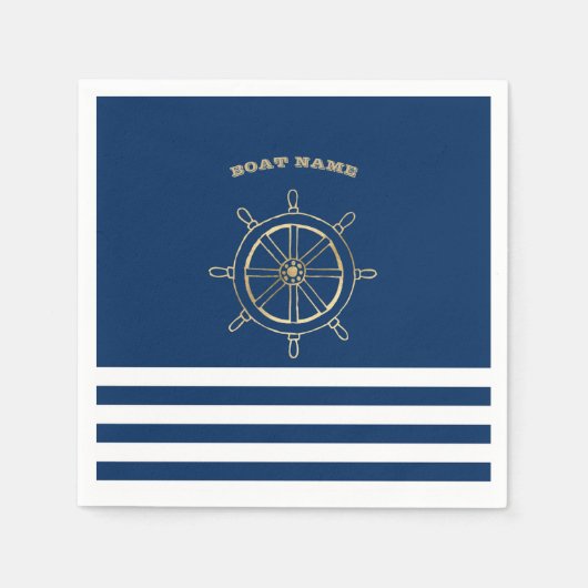 Serviette En Papier Nautique, Roue de bateau en or, Bleu de marine (Devant)