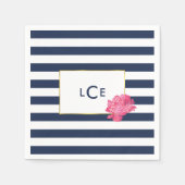 Serviette En Papier Navire Stripe & Peony Rose Monogram Cocktail Napki (Devant)